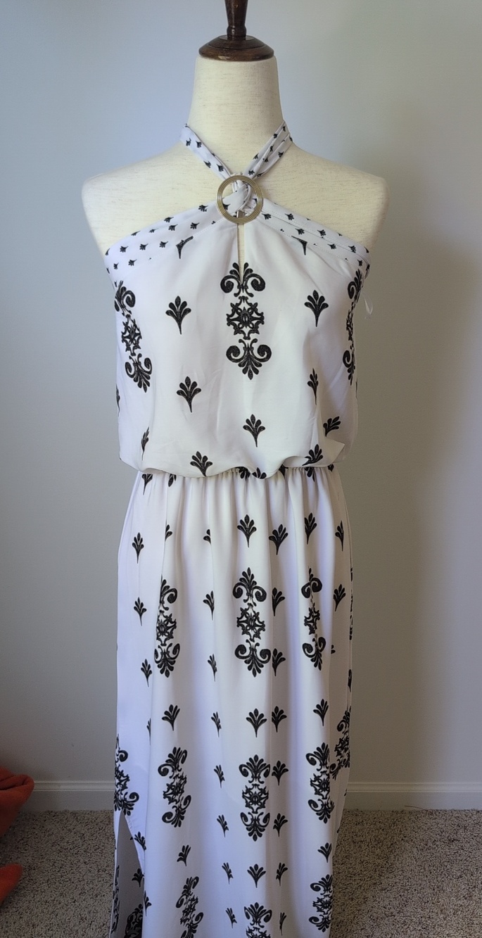 White House Black Market- Black & White Halter Maxi Dress Ring Detail Size 10